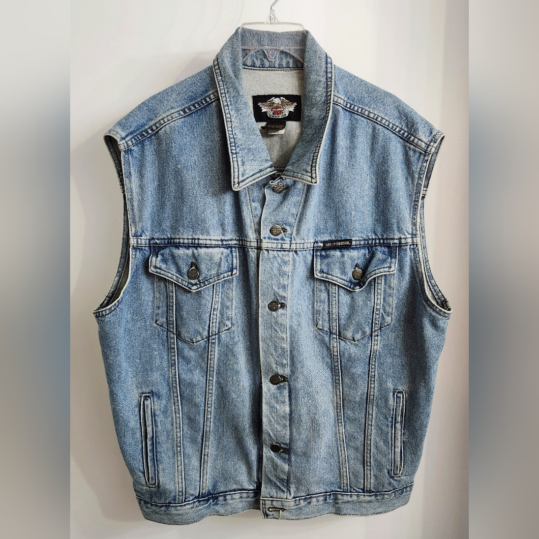 Harley-Davidson Mens Jean Vest Bar/Shield Back Piece Leather Patch Size Large